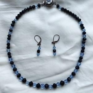 Vintage Choker 17.5" Onyx and light blue Swarovski Crystals, Earrings 1.5"drop